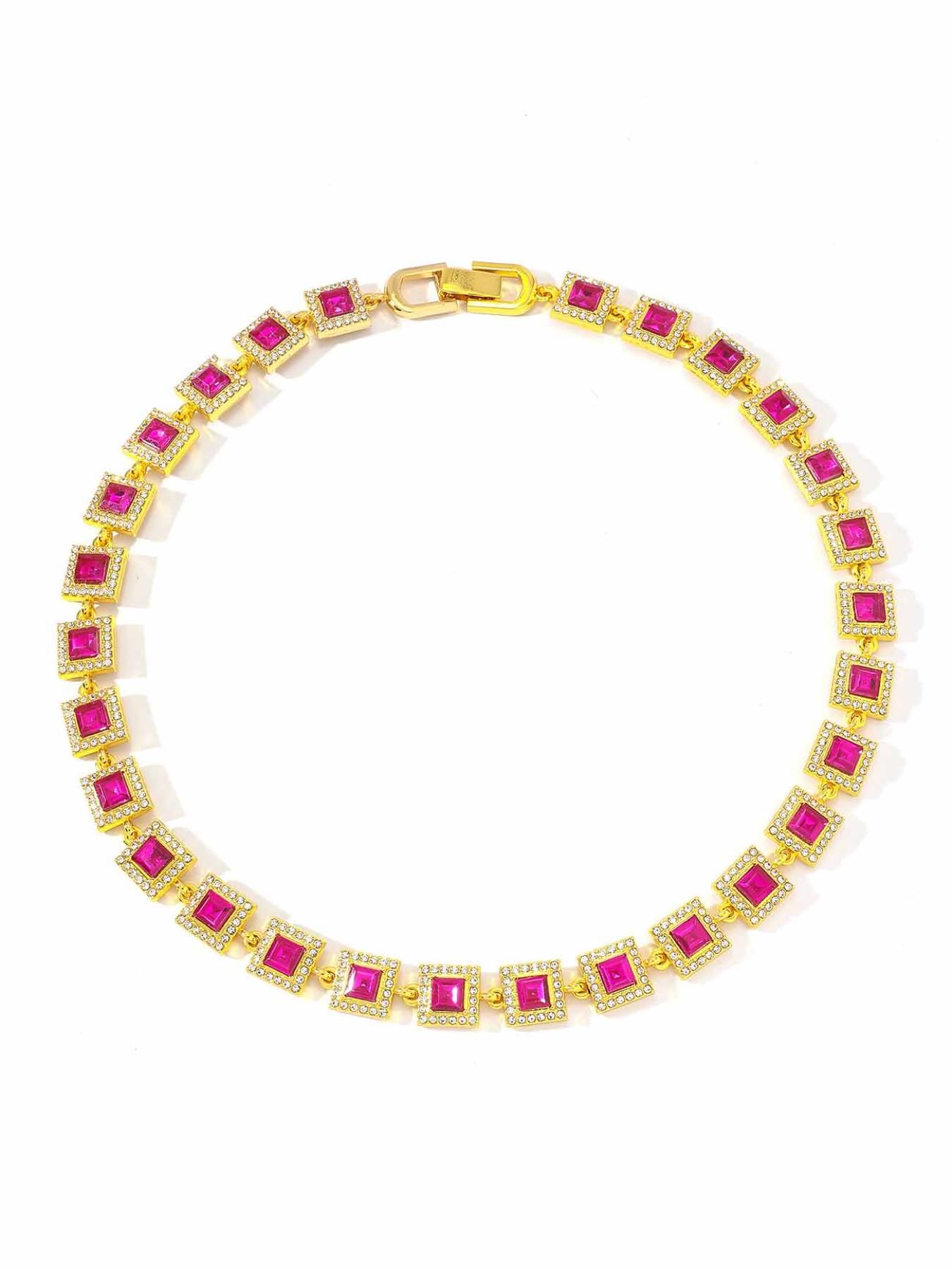 Trendy Spliced Square Color Necklace Bracelet Set, Unisex Iced Out Blingbling Design, Ideal Jewelry Gift & Punk Style Accessory