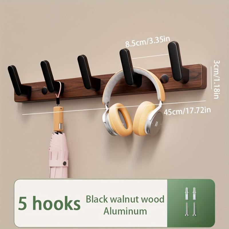 Walnut Hook Wall Hook, Wall Hanger with 4/5/6 Hooks, Hat Hook Wall Hook for Hanging Coats, Bags and Towels Black