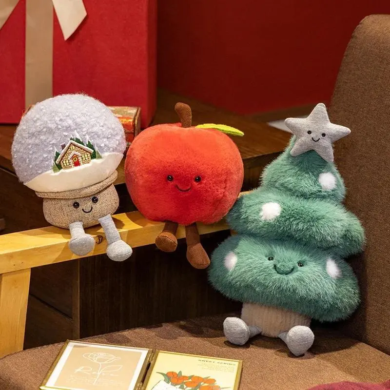 Kawaii Christmas Plush Toy Set Tree Snow Globe Apple Stuffed Dolls Soft Xmas Decor Cuddly Plushies Cartoon Gift For Girl