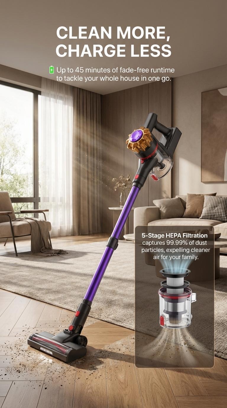 P7 Cordless Vacuum Cleaner, Handheld Wireless Vacuum, 350W Strong Suction with Green Light Dust Detection, Anti-Tangle Brush for Pet Hair, 1000mL Large Dust Cup, 6-Stage Hepa Filtration, Lightweight Stick Vacuum for Carpet Hard Floor Home