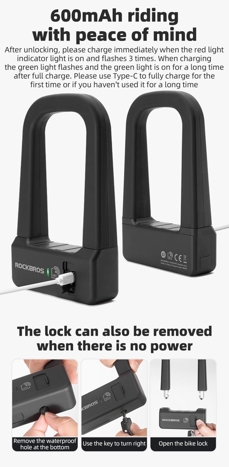 ROCKBROS Smart U Lock NFC Unlocking (NFC fuction phone only),MTB Road Bike Lock  Anti-theft Lock Waterproof Rechargeable Safety Lock