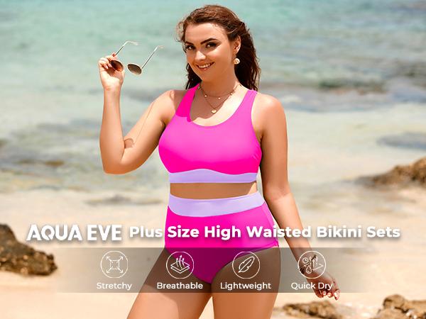 Aqua Eve Plus Size Two Piece High Waisted Bikini Swimsuits Scoop Neck Bikini Set Sporty Bathing Suits