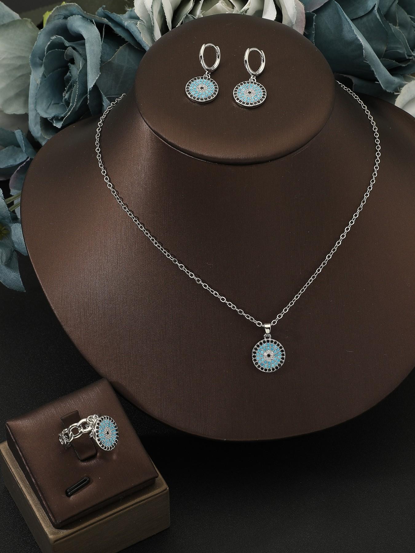 3 Piece Set Silver Color Turkish Evil Eye Blue Zircon Necklace Earrings Ring Set, Women's Party Wedding Luxury Jewelry Gift