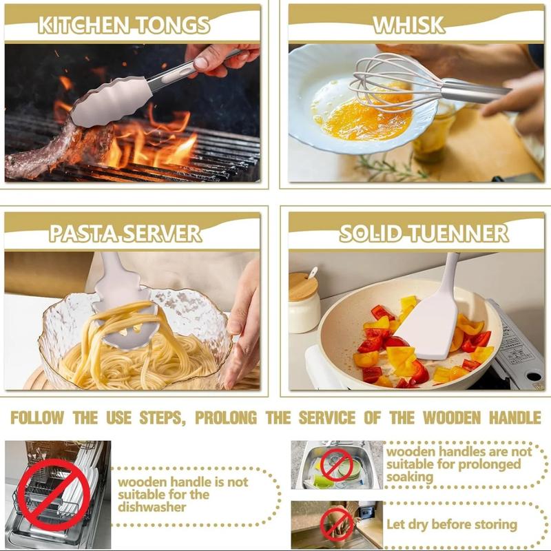 18 Piece High Quality Silicone Kitchenware SetWith Wooden Handle & Knife- Non-Stick CookingTools & Bamboo Storage Container -PerfectKitchen Tools For Easy Cooking & CleaningUtensils White Black Pink