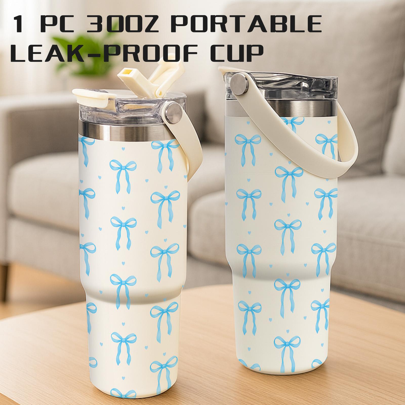 1 Pc 30oz insulated mug with handle and straw, Tumbler, cream white with blue bow design, double wall vacuum cup, leak-proof skinny thermal mug, keeps hot 12 hours and cold 24 hours, perfect for coffee tea smoothies cocktails, holiday gift