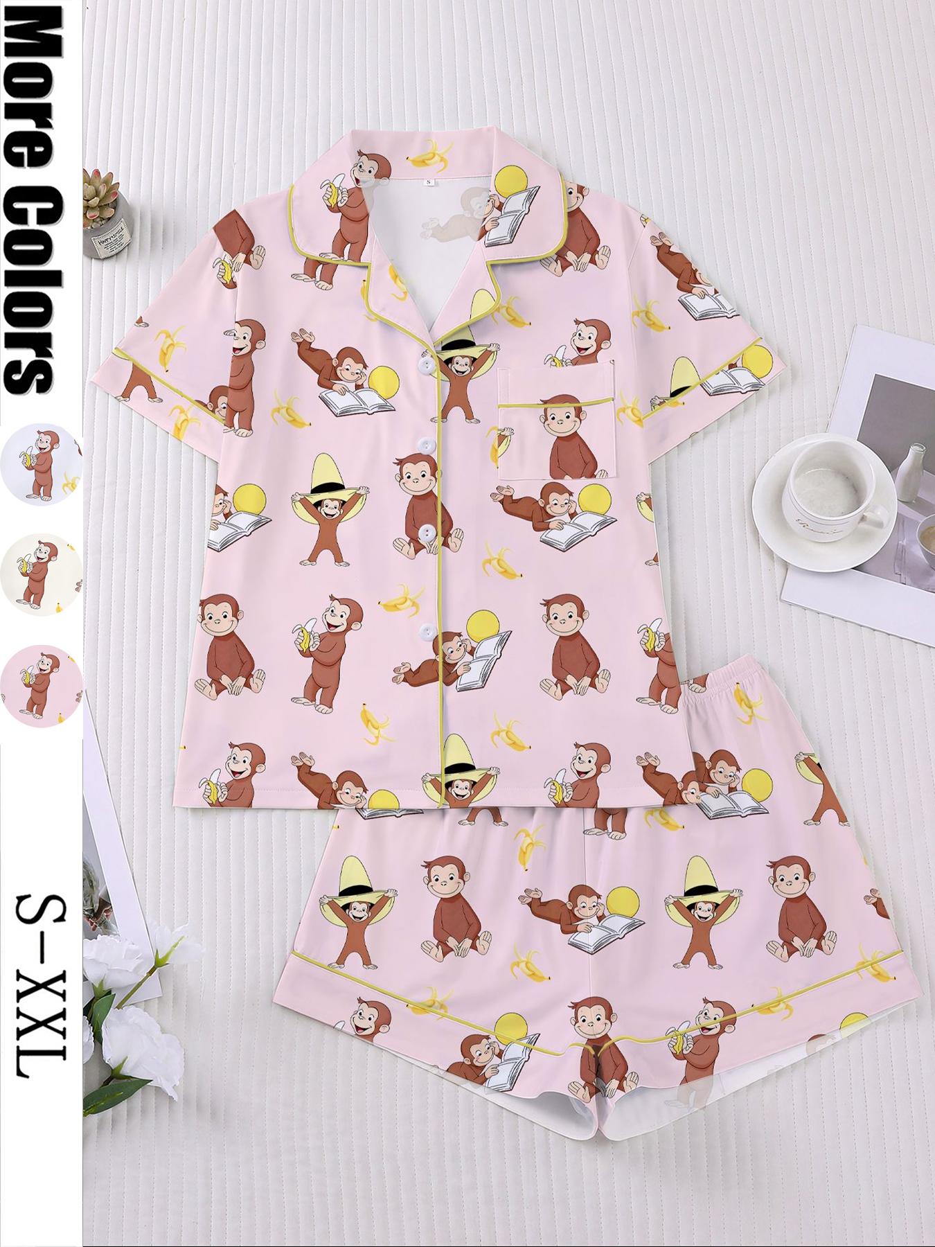 Women's Monkey Banana Print Sleepwear Set, Comfortable Short Sleeve Button Shirt & Loose Elastic Shorts, Fashion Casual Home Wear, Pajama Set