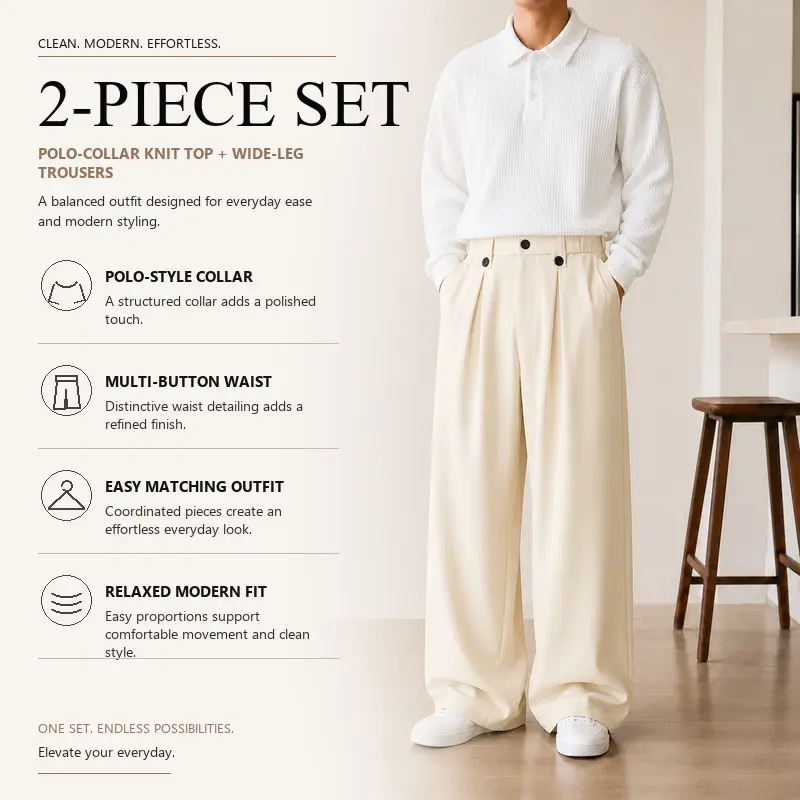 Men's Everyday Two-Piece Coordinated Set, Polo Collar Ribbed Knit Sweater with Straight Leg Tailored Pants, 8 Curated Solid Color Pairings, Sizes S-XXL, Daily Work Travel Style, Group 4