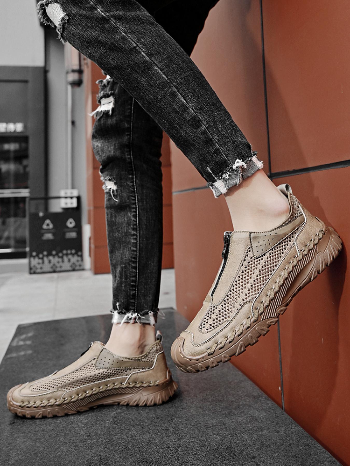 Men's Solid Color Mesh Zipper Toe Casual Shoes, Soft Sole, Non-Slip, Hand-Stitched, Breathable Slip-On Lazy Dad Shoes