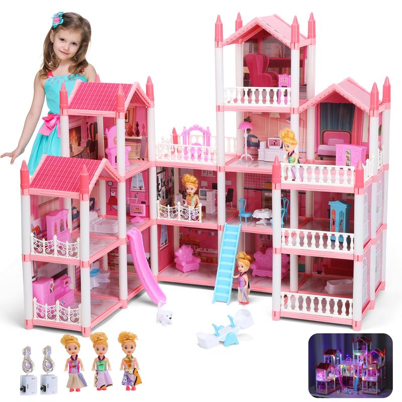 16 Rooms Huge Dollhouse, 10" x 6" x 11" Doll House ,Pink Pretend Play Toy House For Girls