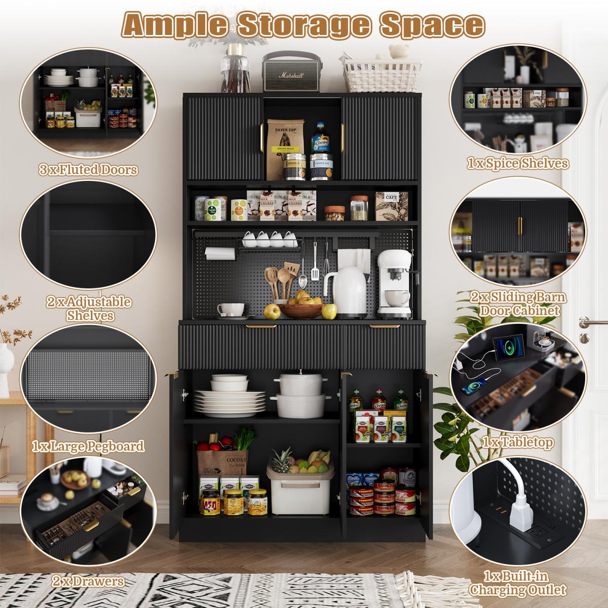 Aobtkel 73" Rectangular MDF Wood Fluted Texture Kitchen Pantry Cabinet - Single Unit with Storage, Charging Hub Station, DIY Pegboard Includes Kits, Anti-Tip Base for Living Room Microwave Stand Hutch, Black, Pantry Organization