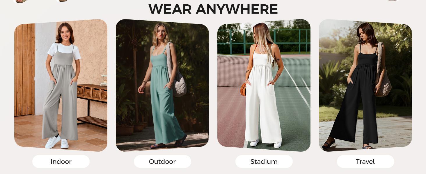 Imily Bela Womens Summer Jumpsuits One Piece Casual Loose Overalls Spaghetti Strap Wide Leg Rompers with Pockets Workout Outfits