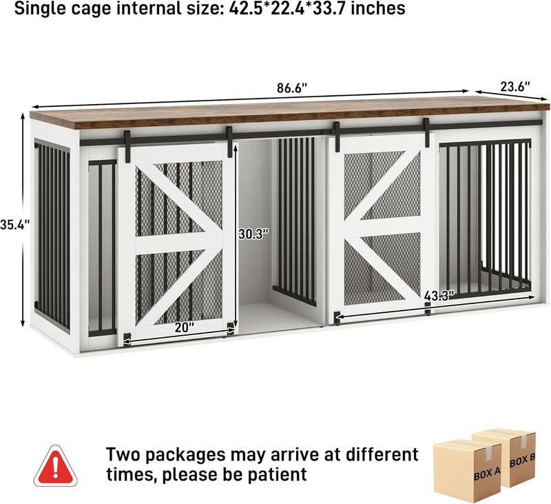 87In Farmhouse Dog Crate TV Stand, Wooden Dog Kennel Furniture with Sliding Metal Mesh Barn Door, Large Dog Crate Furniture for 2 Dogs, Solid Metal Tube & 2 Lockable Doors, White & Brown/Rustic Brown/Black