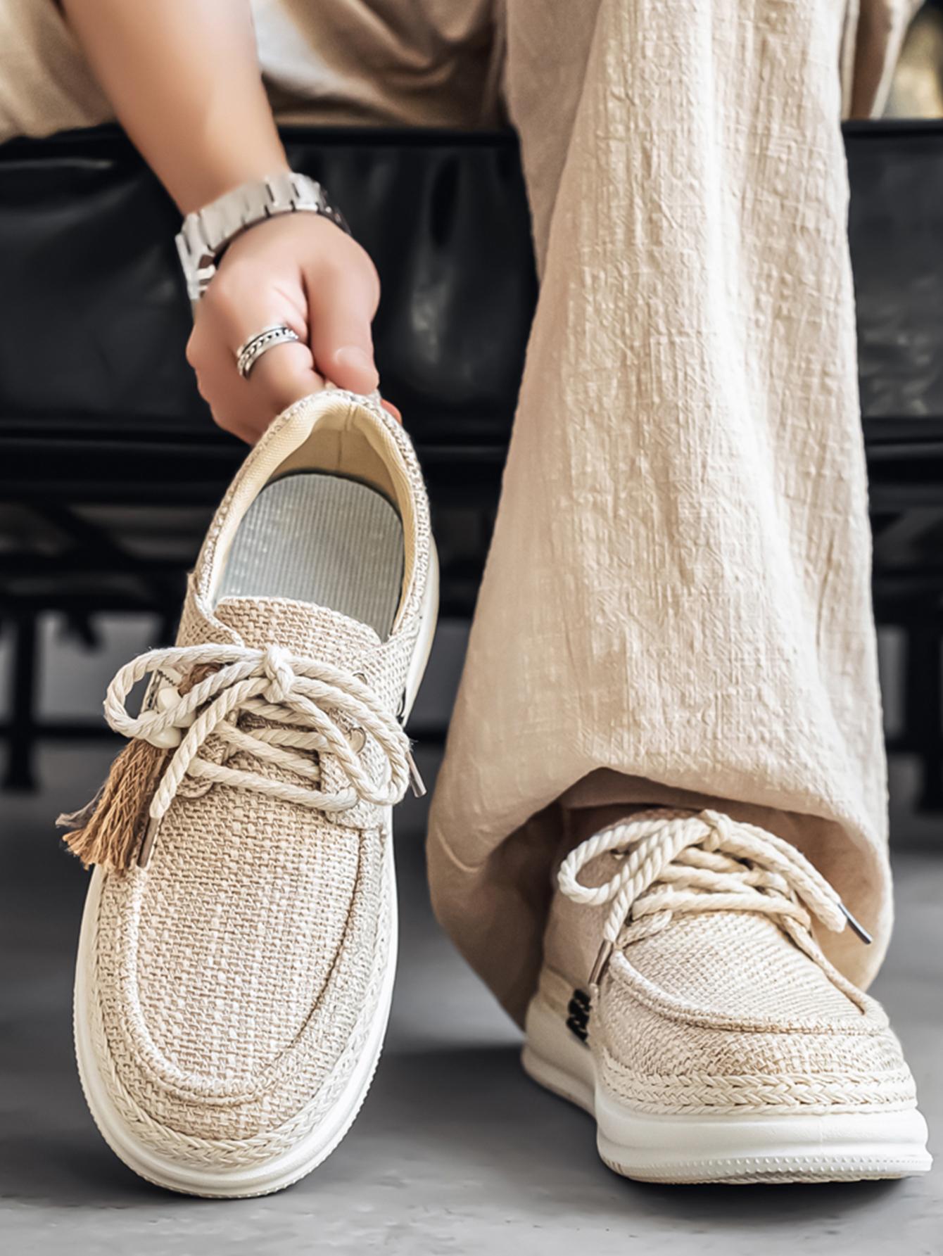 New Summer Men's Cotton Linen Shoes, Breathable Non-Stuffy, Straw Trim Fringe Design, Casual Retro Style, Perfect for Daily Wear