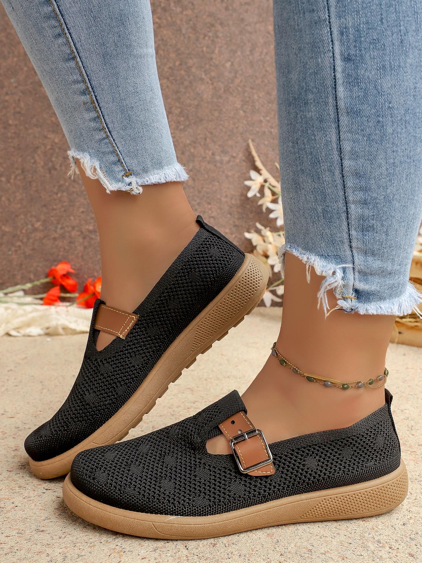 Women's Multicolor Flyknit Mary Jane Flat Shoes, Breathable Mesh, Leather-Like Buckle, Soft Rubber Sole, Comfortable Casual Footwear