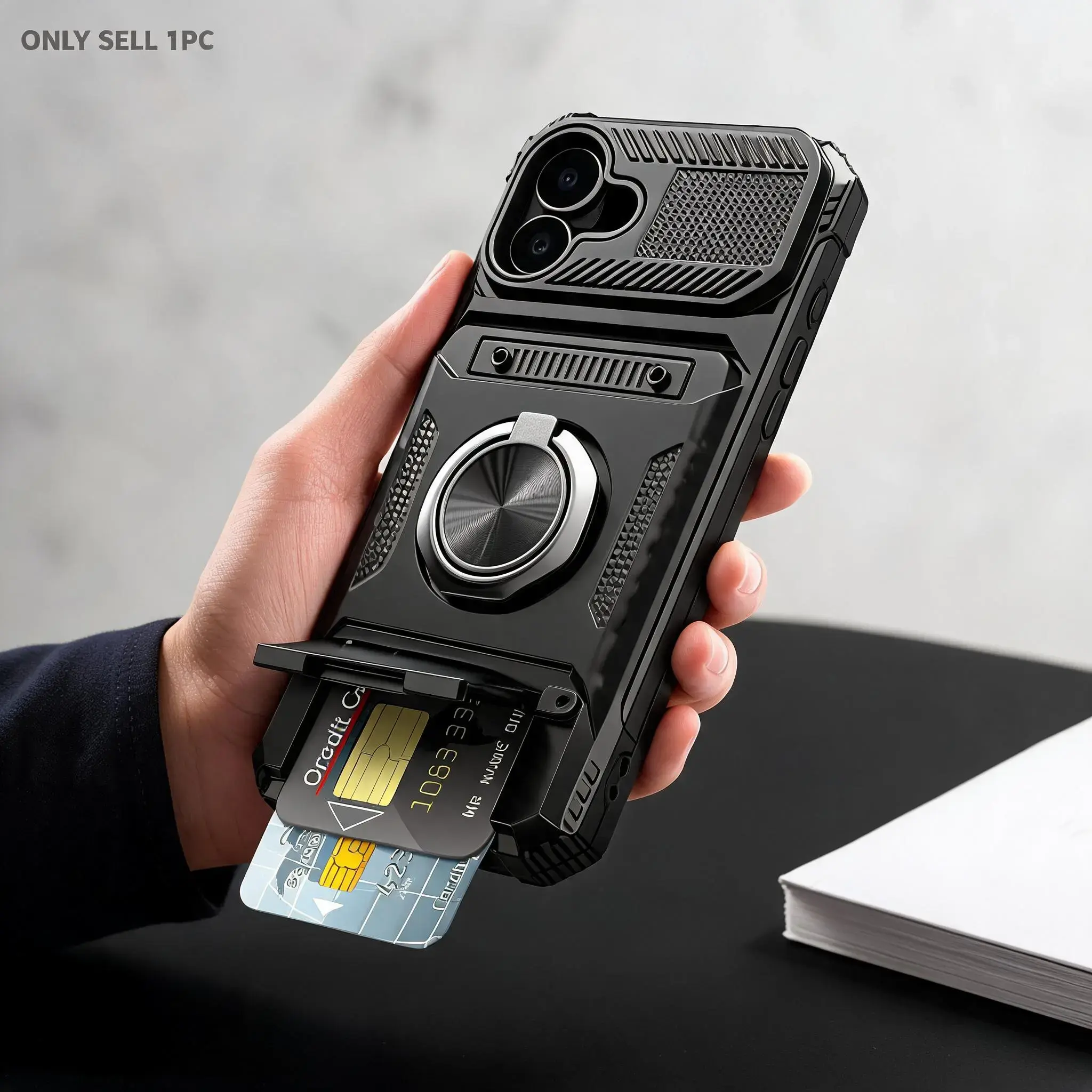 Shockproof Phone Case Casing with Card Holder, Lightweight Shockproof Cover, 360° Rotatable Ring Kickstand Phone Protective Cover, for Samsung Galaxy S25 Ultra S25 FE S26 Ultra S24 Ultra S23 FE A16 A26 A36 A56 A57