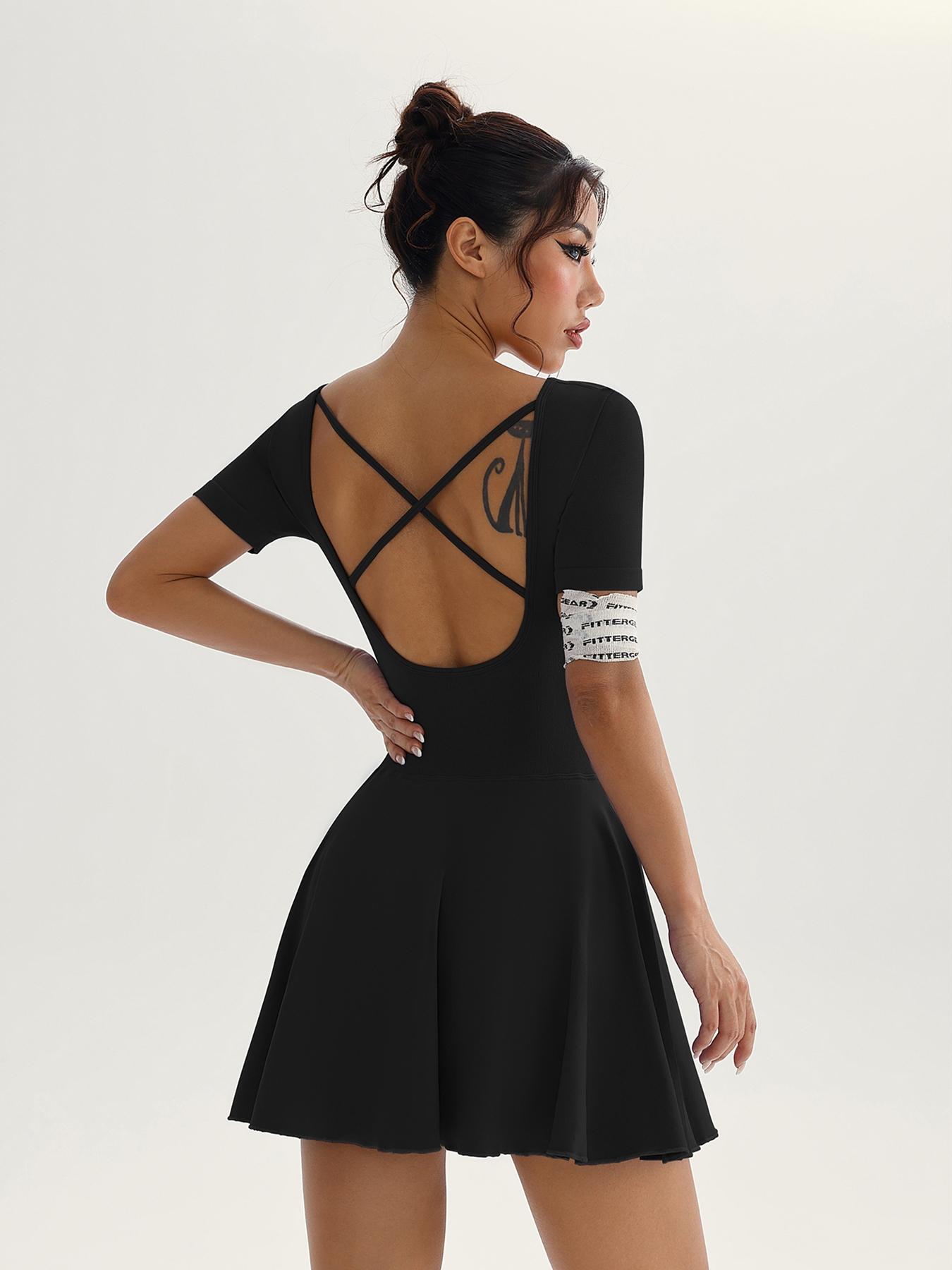 Women's Solid Square Neck Sports Dress Athletic Tennis Dress Inner Pocket, Casual Sporty Short Sleeve Skorts Dress for Daily Outdoor Sport, Ladies Sportswear for All Seasons, Womenswear