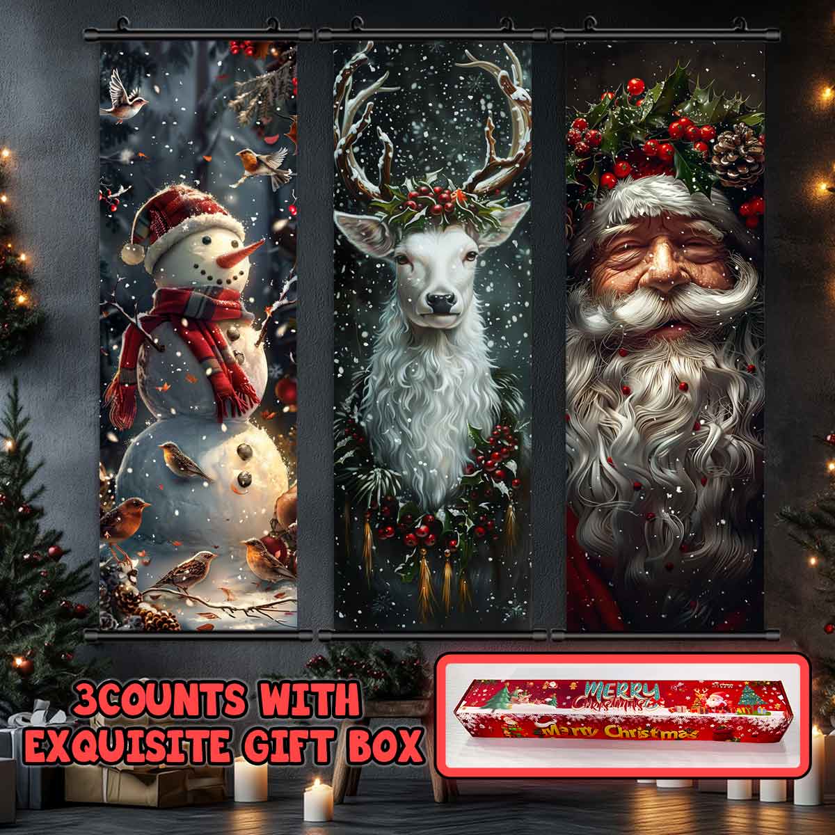 3-Piece Christmas Wall Art Set, Cute Snowman & Santa Claus Posters, Modern Home Decor, Waterproof HD Prints, Unframed Art Print, Gift Box Included