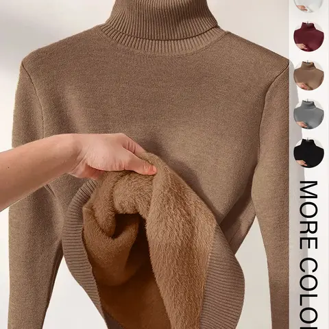 Women's Solid Thermal Lined Drop Shoulder High Neck Knitwear Sweater, Casual Solid Long Sleeve Jumper For Daily Outdoor Wear, Women Knit Top for Fall & Winter