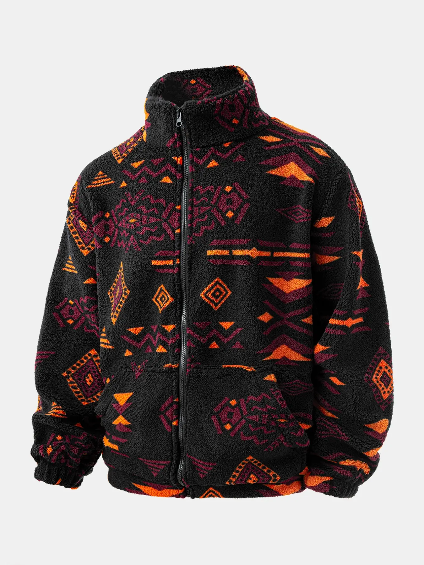 Trendy Aztec Geometric Printed Fluffy Jacket for Men, Full-Zip Warm Fuzzy Plush Outer Coat, Casual Streetwear for Travel & Outdoor Activities