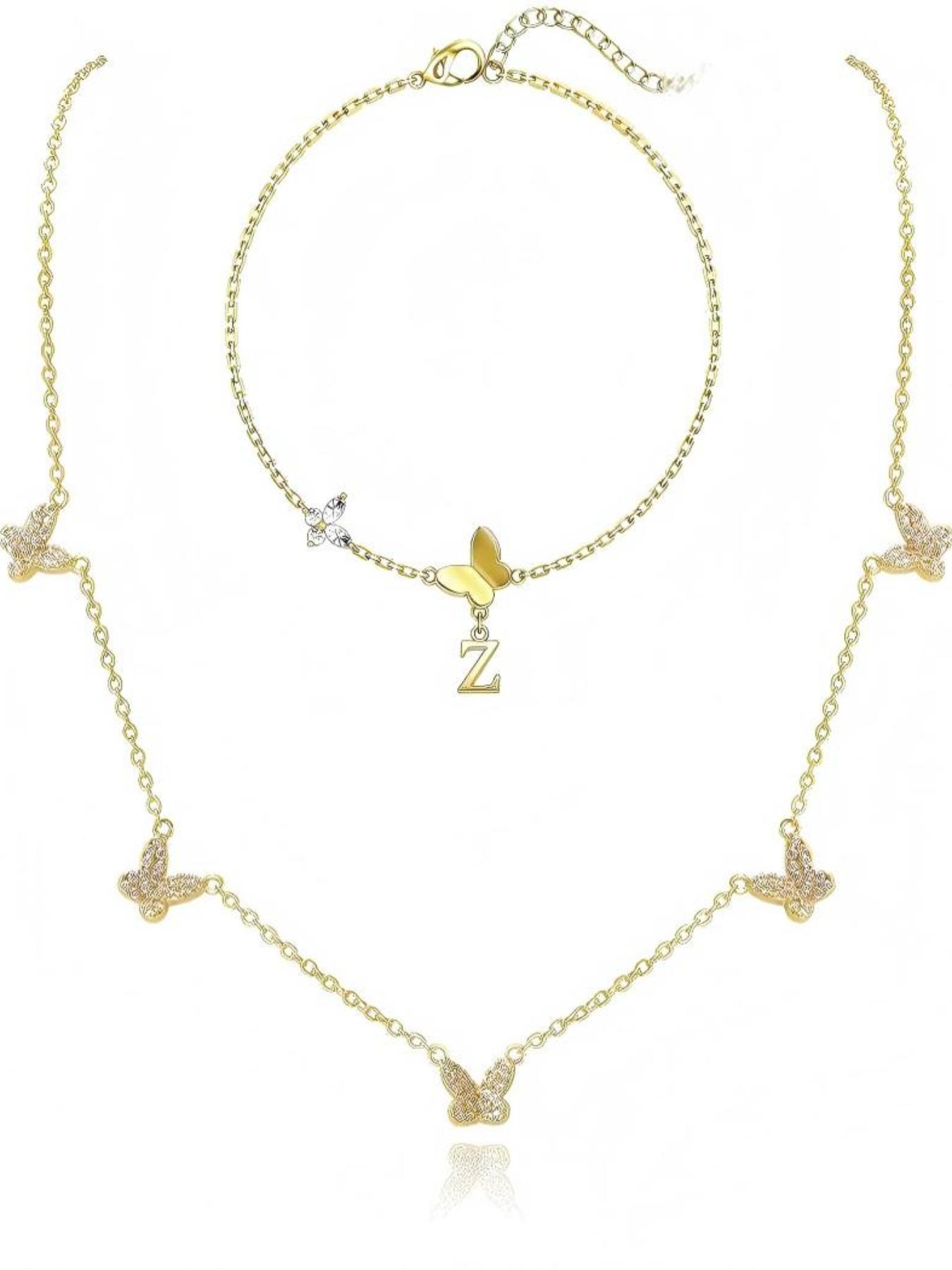 2 Piece Butterfly Necklace Bracelet Set, Women's Unique Letter Jewelry, Trendy Layered Chain Gift, Cute Fashion Accessories