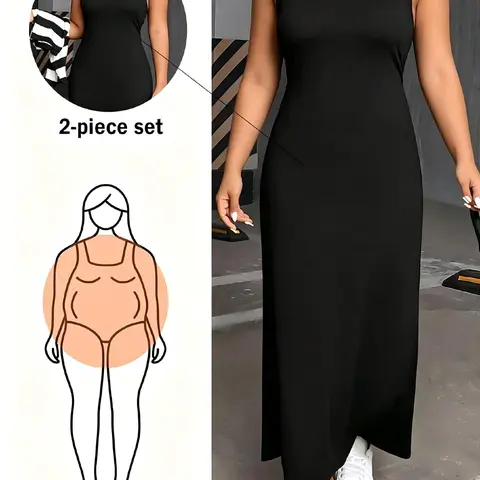 Plus Size Women's Fashion Casual Loose Striped Long Sleeve Top Pairing Solid Color Dress Two-Piece Set, Clothes Sets, Comfortable & Stylish for Daily Wear, Casual Matching Sets