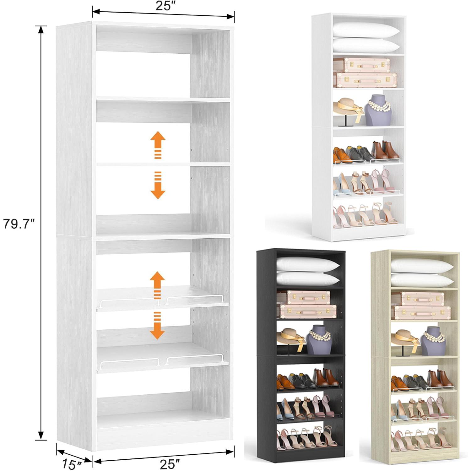 Cyclysio 75” Closet System with Shoe Rack and Hanging Rods, Modern Walk-in Closet Organization Wardrobe with Wooden Drawers and Mirror and Shelves