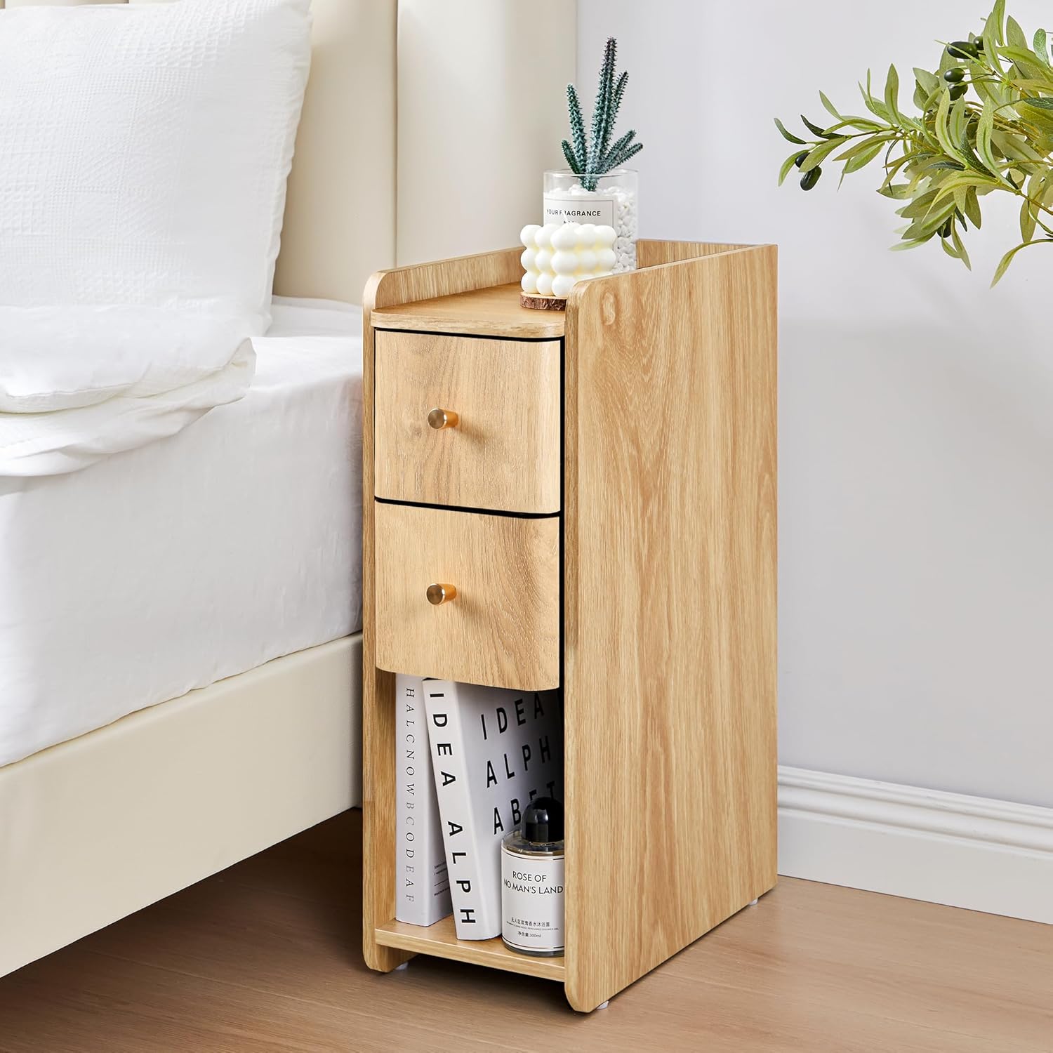 Giratree Mid-Century Modern Nightstand with 2 Drawers, Narrow Vintage Wooden End Table with Open Storage, Wooden Bedside Table Compact Organizer for Bedroom or Living Room