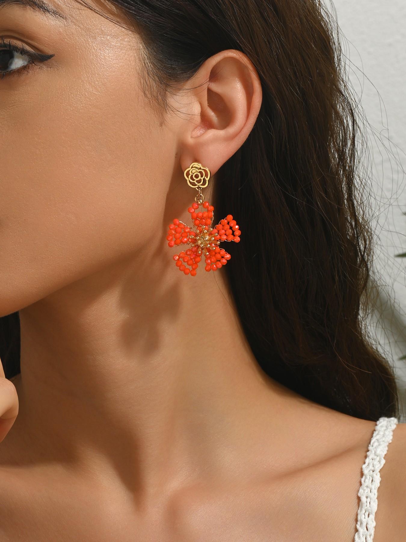 A pair of handcrafted, bohemian-style vintage dangle earrings featuring beaded floral designs—the perfect gift for a loved one, mother, or friend. An ideal present for Valentine's Day, Mother's Day, International Women's Day, wedding season, Thanksgiving