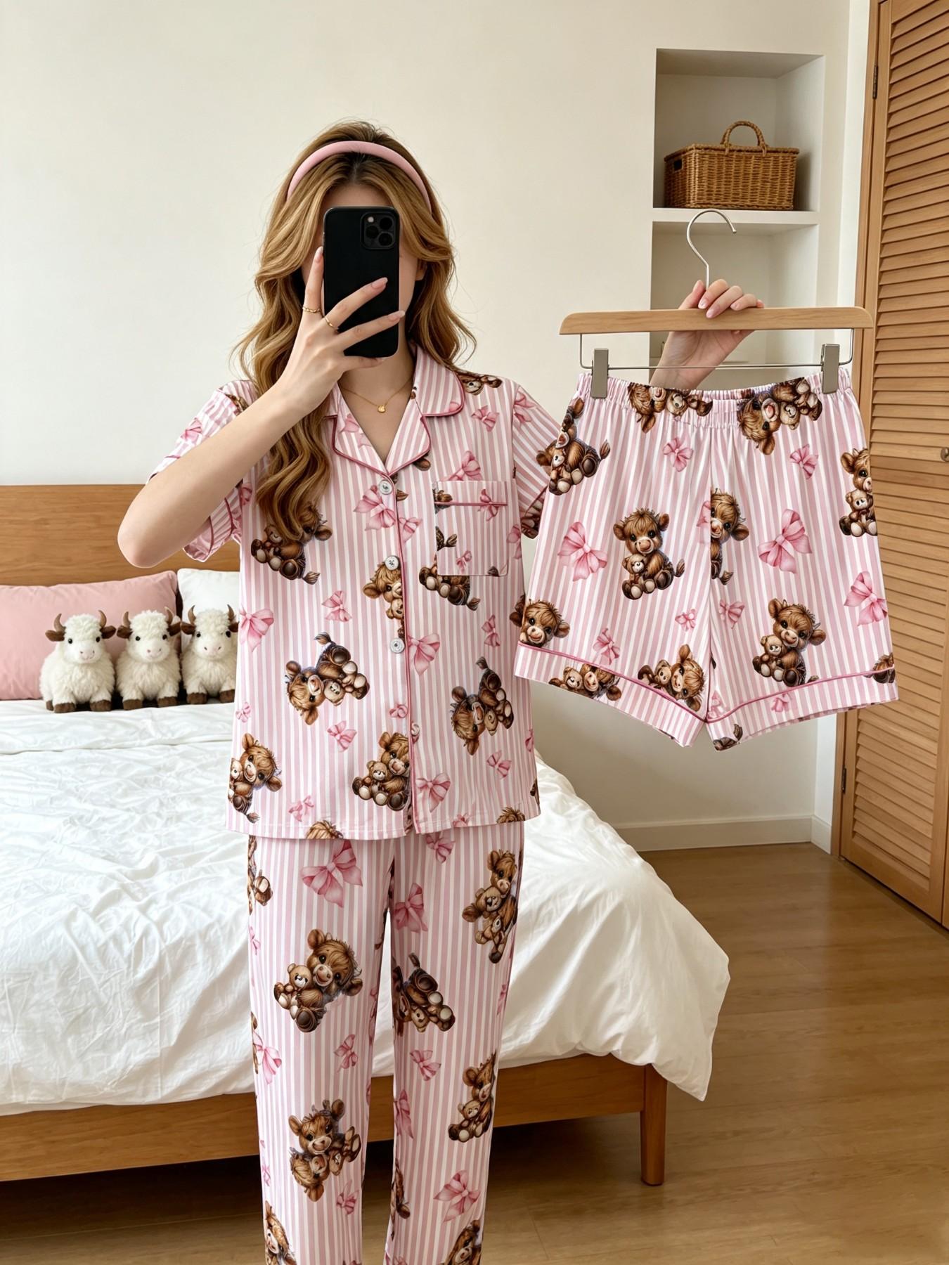 Three-Piece Women's Pajama Set, Boho Style, Short Sleeve, Animal Pattern, Loose-Fitting, All Seasons, Home Wear, Comfortable Sleepwear