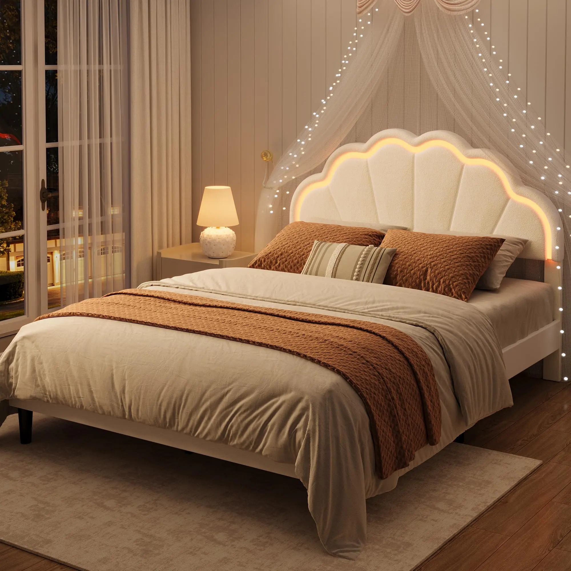 [SummerSale] Velvet Upholstered Platform Bed Frame, Adjustable Seashell Headboard with LED Lights, Under Bed Storage Space, Noise-Free Slat Support/Modern Bedroom Furniture/Multiple Sizes Available/Best Gift Ideas/Housewarming Gifts