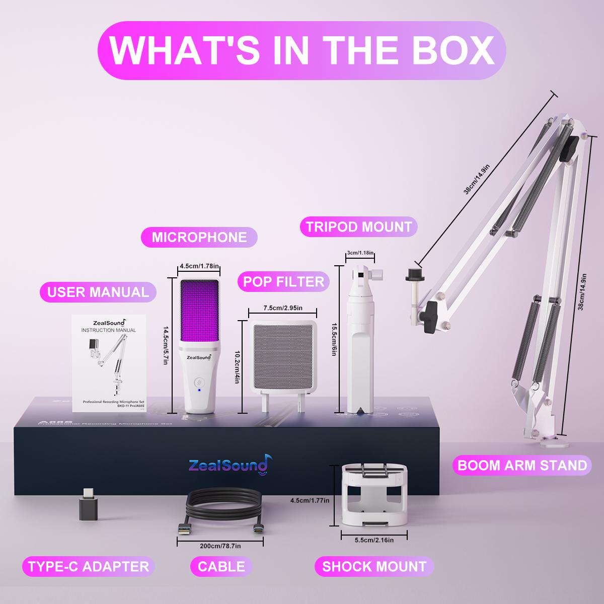 【NOT XBox】ZealSound Gaming USB Microphone, Noise Cancellation Condenser mic, RGB Microphone with Mute, Gain, Monitoring, Boom Arm, Pop Filter for Phone, PC, Computer, PS4, PS5, Mac, Streaming, Podcast