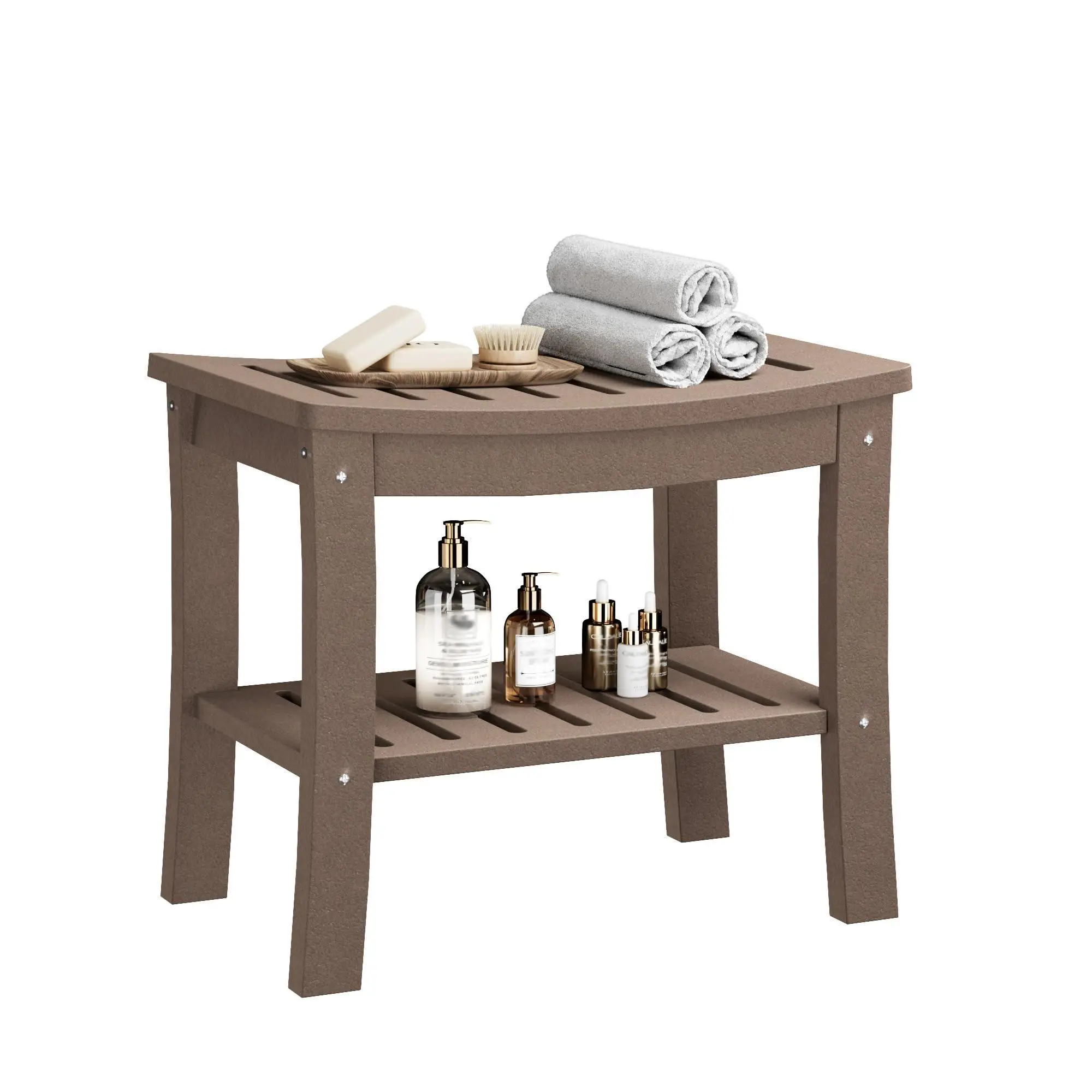 Brown HDPE Shower Bench with Storage Shelf, Waterproof Shower Seat Stool Chair for Bathroom Bathtub, Non-Slip Spa Stool, Indoor Outdoor Use, Space-Saving, No Maintenance