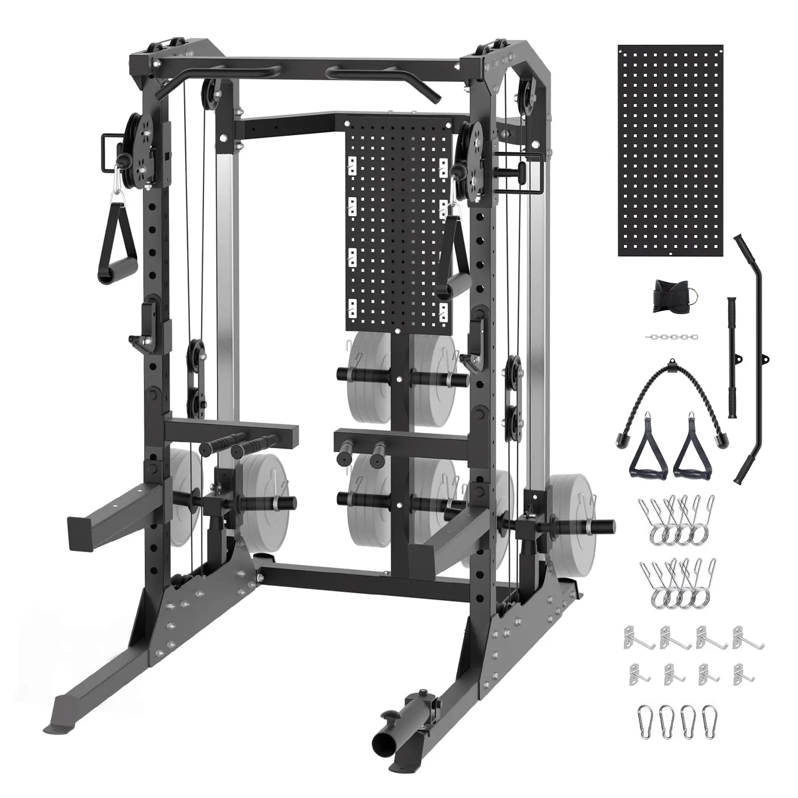 Power Cage, 2000 LB Squat Rack with Dual Pulley Cable Crossover, Multi-Function Home Gym Power Rack with Attachments, Full Body Strength Training Equipment for Home