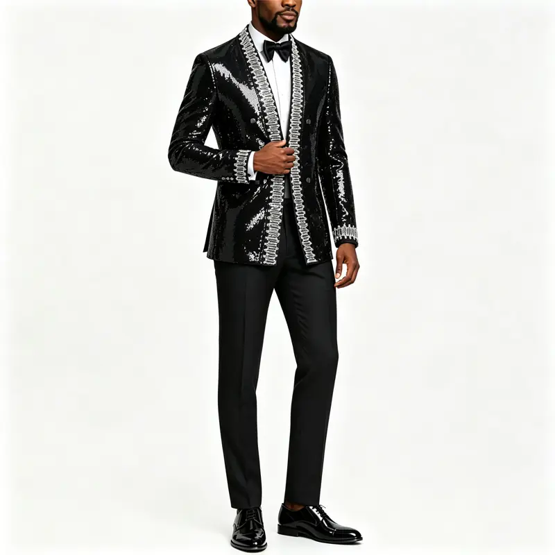 Men's Sequined Suit Men Black Full Sequin Blazer Silver Rhinestone Trim Double Breasted Open Front Tuxedo Jacket Slim Fit Stage Performance Party Wedding Prom Suit Coat