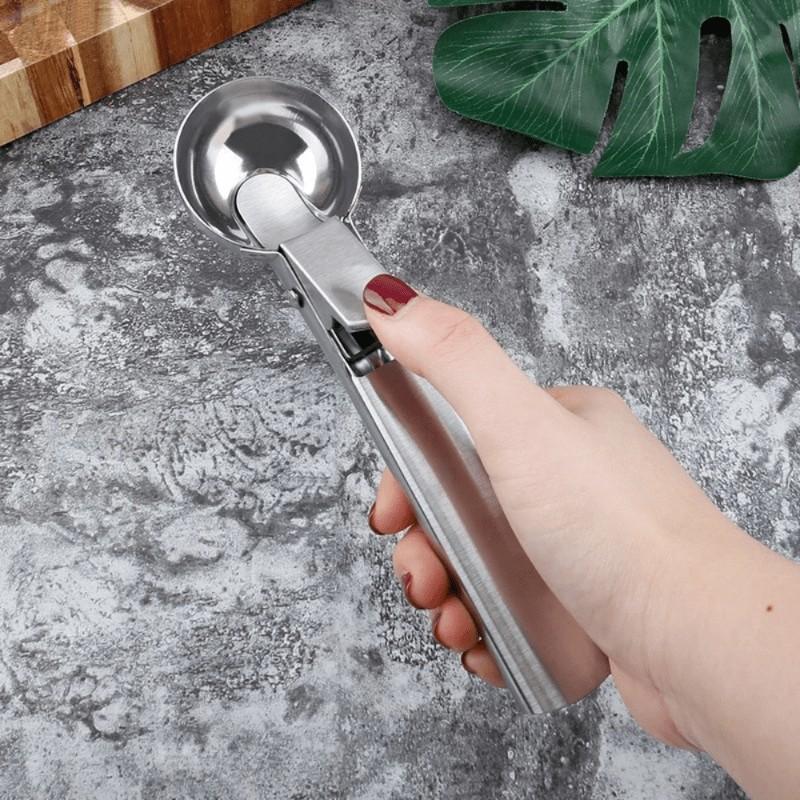 Stainless Steel Ice Cream Spoon with Trigger, Ideal for Ice Cream and Jelly, Heat Resistant, Dishwasher Safe, Comfortable Grip
