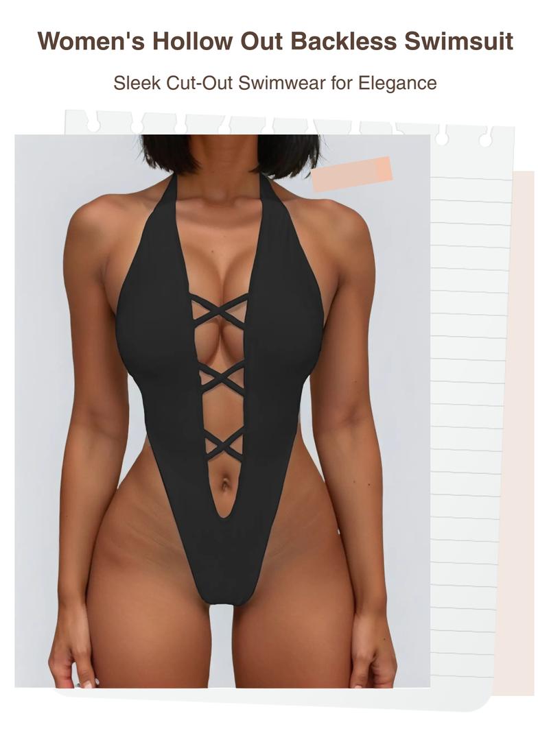Women's Solid Cross Cut Out One-piece Swimsuit, Casual Fashion Chic Swimwear for Beach Holiday Vacation, Ladies Swimsuit for All Seasons, Sleeveless Swimsuit