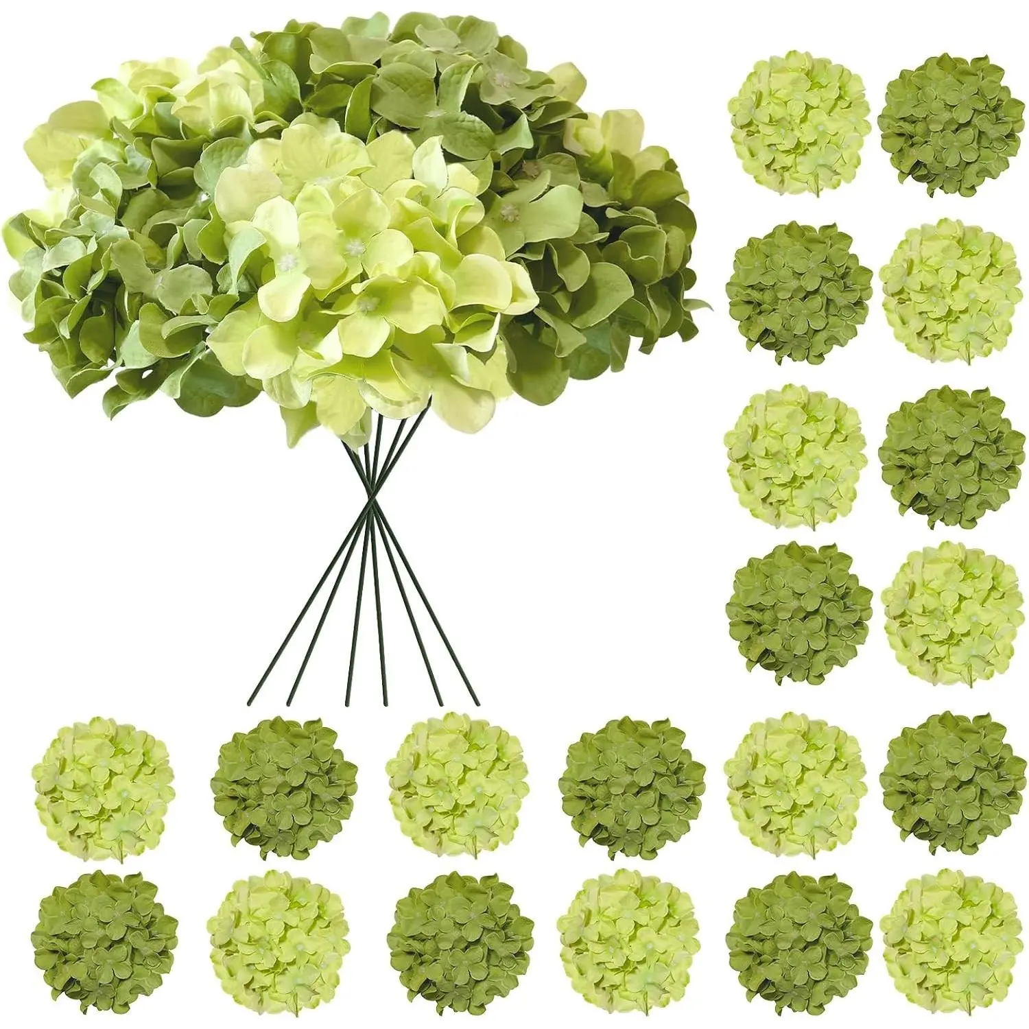 20 Pcs Artificial Green Hydrangea Flowers Bulk, Faux Silk with Stems for Outdoor Wedding DecorationGift