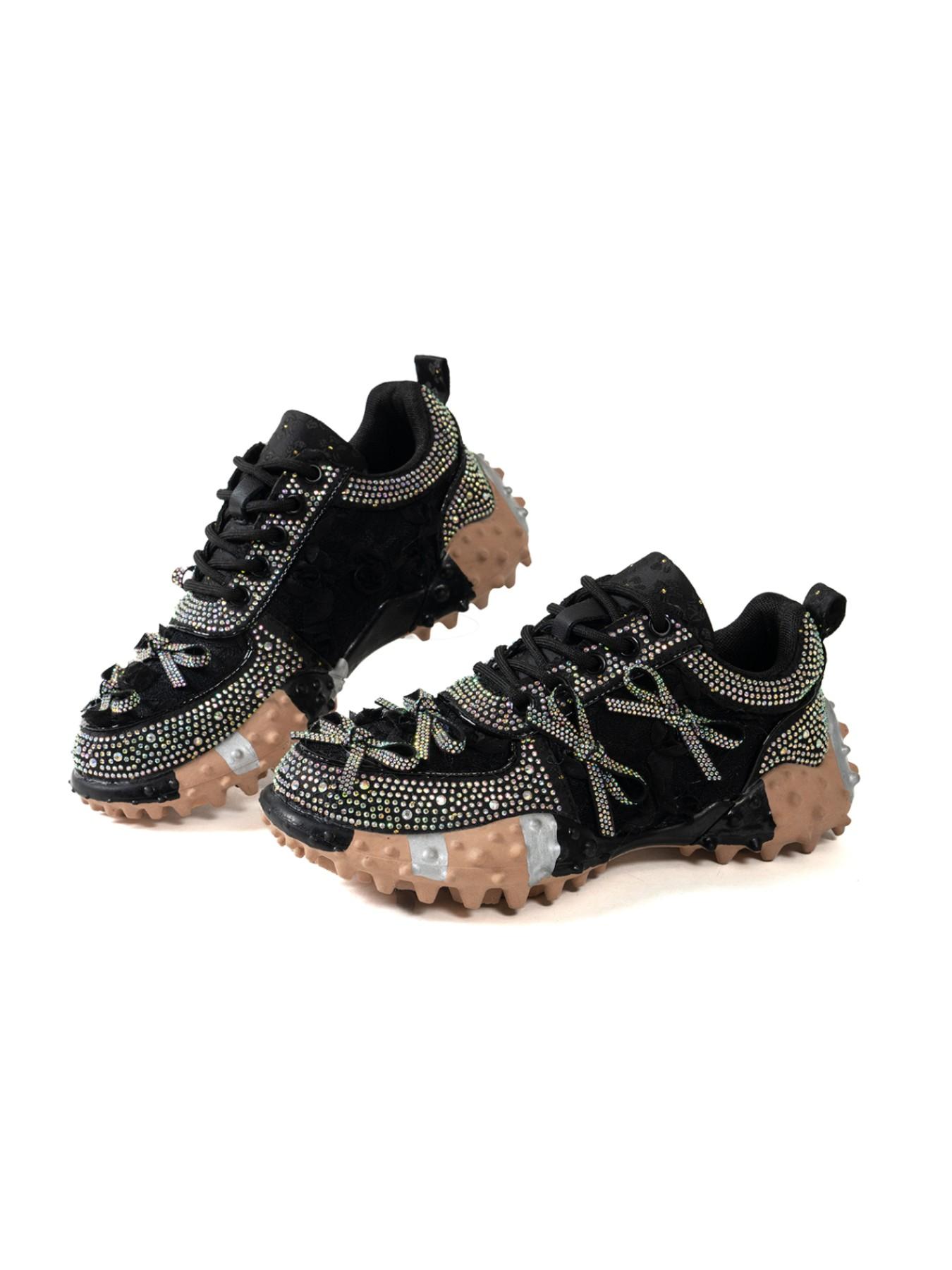 Sweet Cool Girl Style Rhinestone Lace Rose Bow Dad Shoes, Thick Rubber Sole Height Boost Slimming Anti-Slip Casual Streetwear Sports Shoes