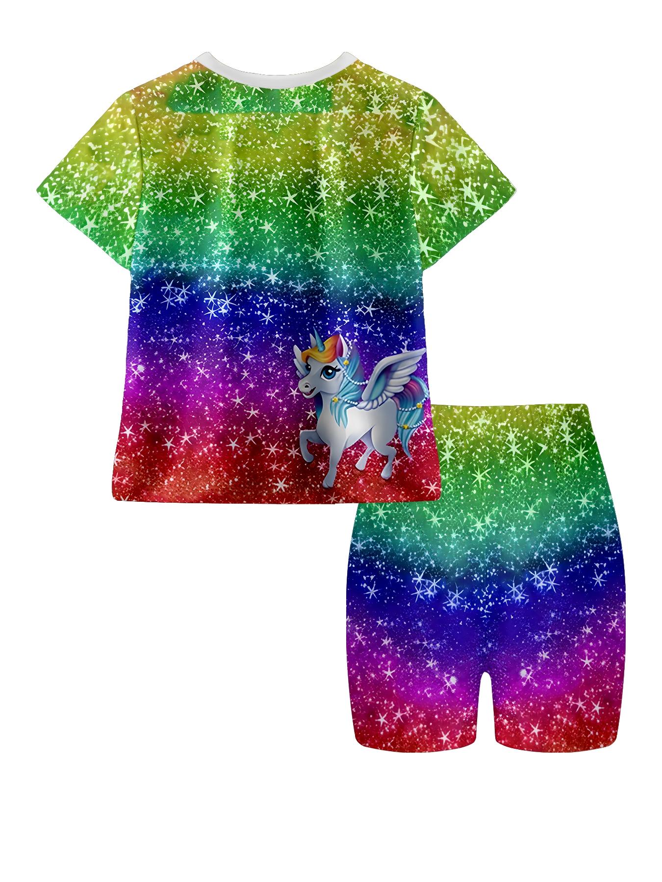 Girls Summer Rainbow Gradient Unicorn Set, Kids Dreamy Galaxy Pegasus Short Sleeve & Shorts Two-Piece Outfit