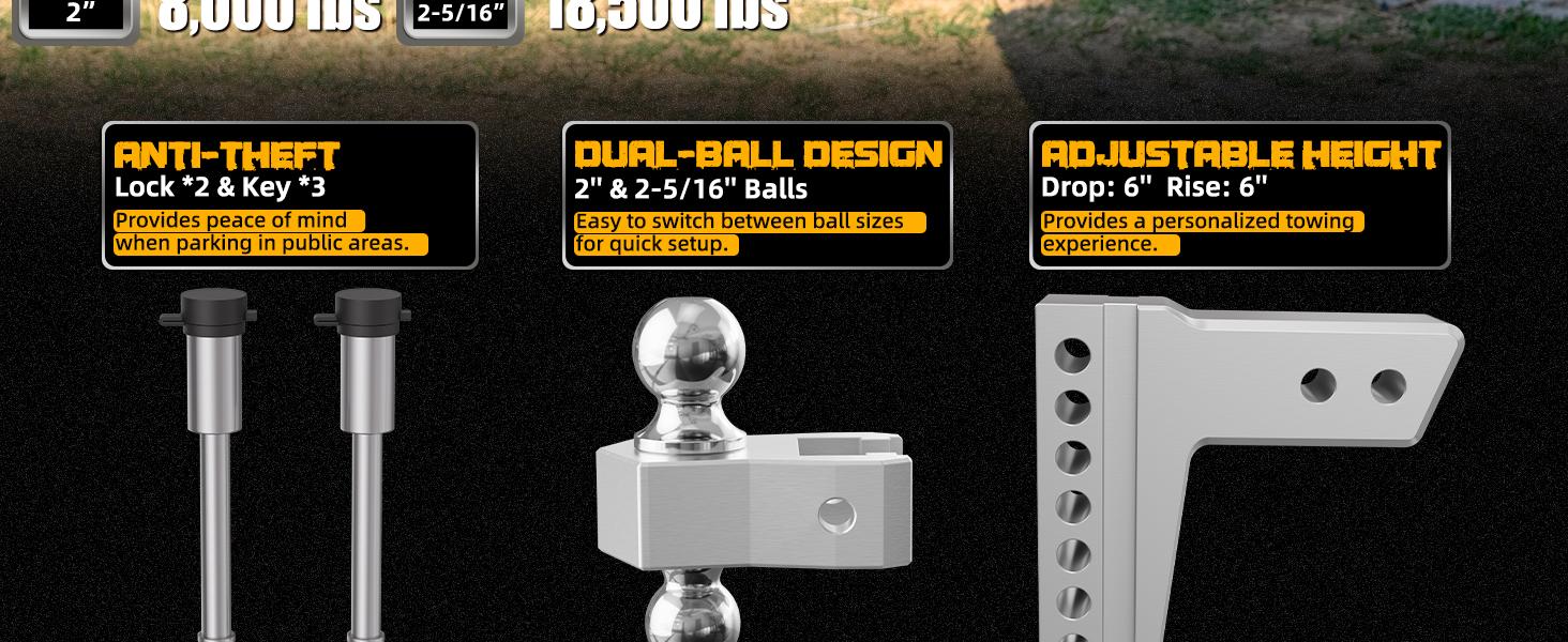 LOCAME Adjustable Trailer Hitch, Fits 2.5-Inch Receiver Only, 10-Inch Drop/Rise Aluminum Drop Hitch,18,500 LBS GTW-Tow Hitch for Heavy Duty Truck with Double Stainless Steel Locks, Silver, LC0009 LOCAME Adjustable Trailer Hitch, Fits 2.5-Inch Receiver Only, 10-Inch Drop/Rise Aluminum Drop Hitch,18,500 LBS GTW-Tow Hitch for Heavy Duty Truck with Double Stainless Steel Locks, Silver, LC0009