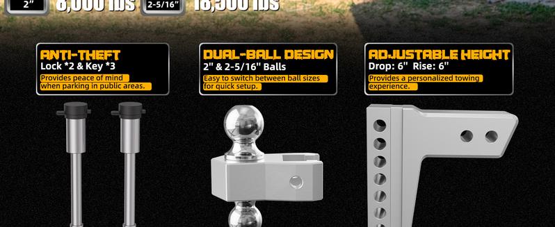 LOCAME Adjustable Trailer Hitch, Fits 2.5-Inch Receiver Only, 10-Inch Drop/Rise Aluminum Drop Hitch,18,500 LBS GTW-Tow Hitch for Heavy Duty Truck with Double Stainless Steel Locks, Silver, LC0009