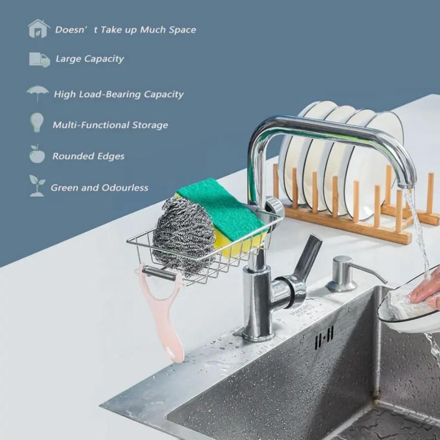 Three-In-One Kitchen Faucet Organizer, Sponge Holder, Dish Brush Rack, Soap Dispenser, Stainless Steel Compact Multi-Functional Storage Sink Box, Durable Storage Rack