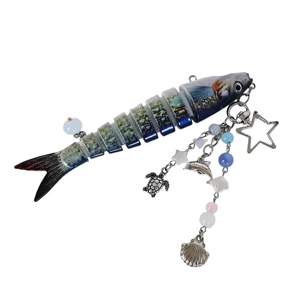 Novelty Fish Keychain, Fishing Enthusiasts Creative Bait Keychain, Jointed Design Fish Keyring with Beaded Charm, Realistic Lure Keychain for Bag Backpack, Good Luck Aesthetic Fish bag Pendant Trinket, Kawaii Keychain Style Accessory