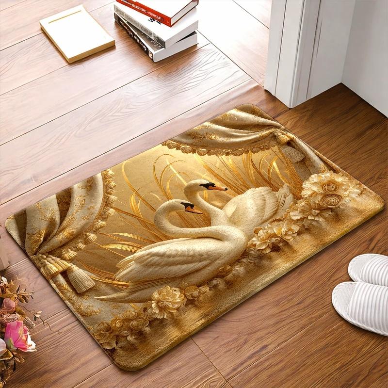 Luxury Swan Floral Rug Soft Flannel Non Slip Rubber Backing Machine Washable Indoor Outdoor Floor Mat Multipurpose Decor Perfect For Living Room Bedroom Kitchen Bathroom Entryway Door Mat Pet Mat Home Decoration Treads Stair Non-Slip