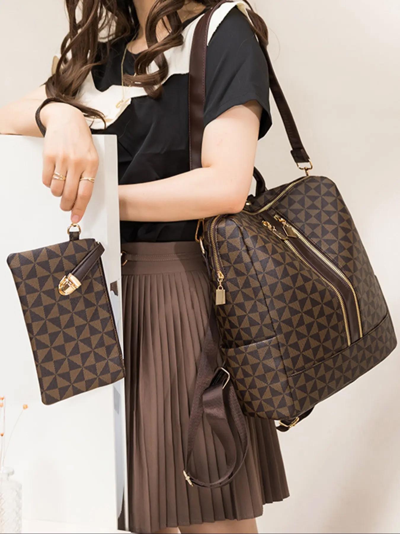 Fashionable Geometric Pattern Backpack & Wristlets Bag, Casual Printed Backpack, Lightweight Casual Daypack, Casual Large Capacity Backpack, Trendy Versatile Travel Durable Backpack for Women