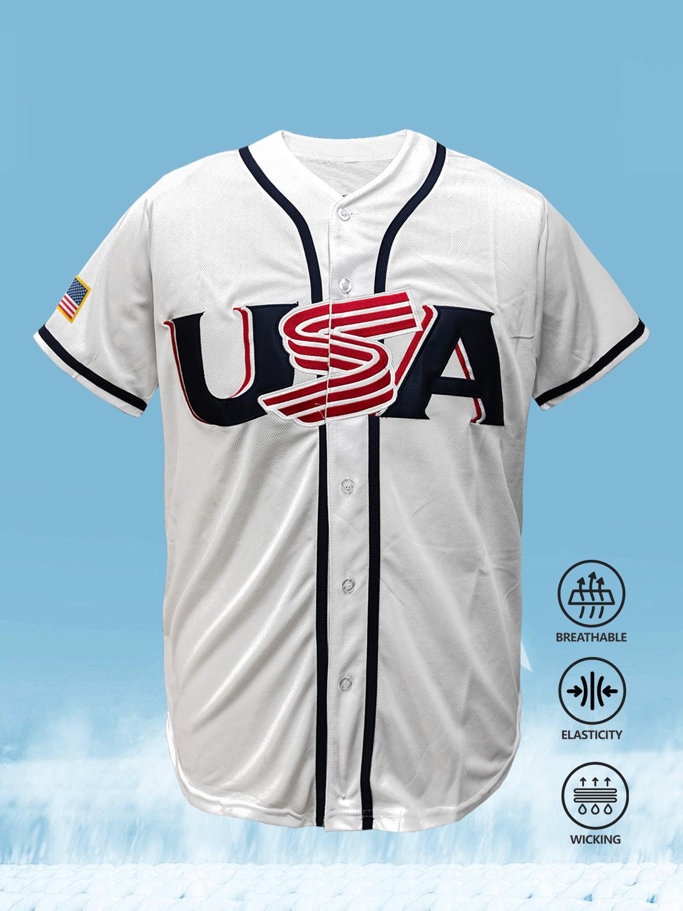 USA Themed Embroidered Baseball Jersey for Men, Breathable Wicking Button Down Shirt, Elastic Sports Uniform for Game Day 2026, Sports Top