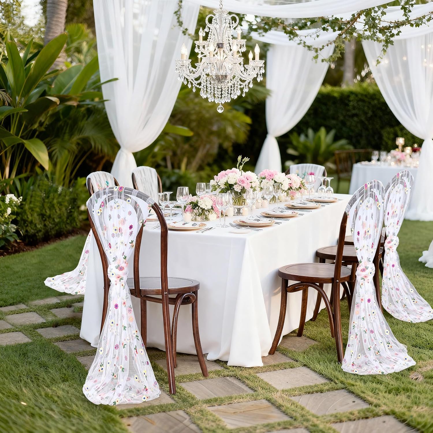 White Embroidered Floral Daisy Tulle Table Runner Birthday 10FT | Flower Sheer Table Runner Wedding Dining Garden Party Bridal Shower  120 Inch White Gauze Table Linen Elegant Setting