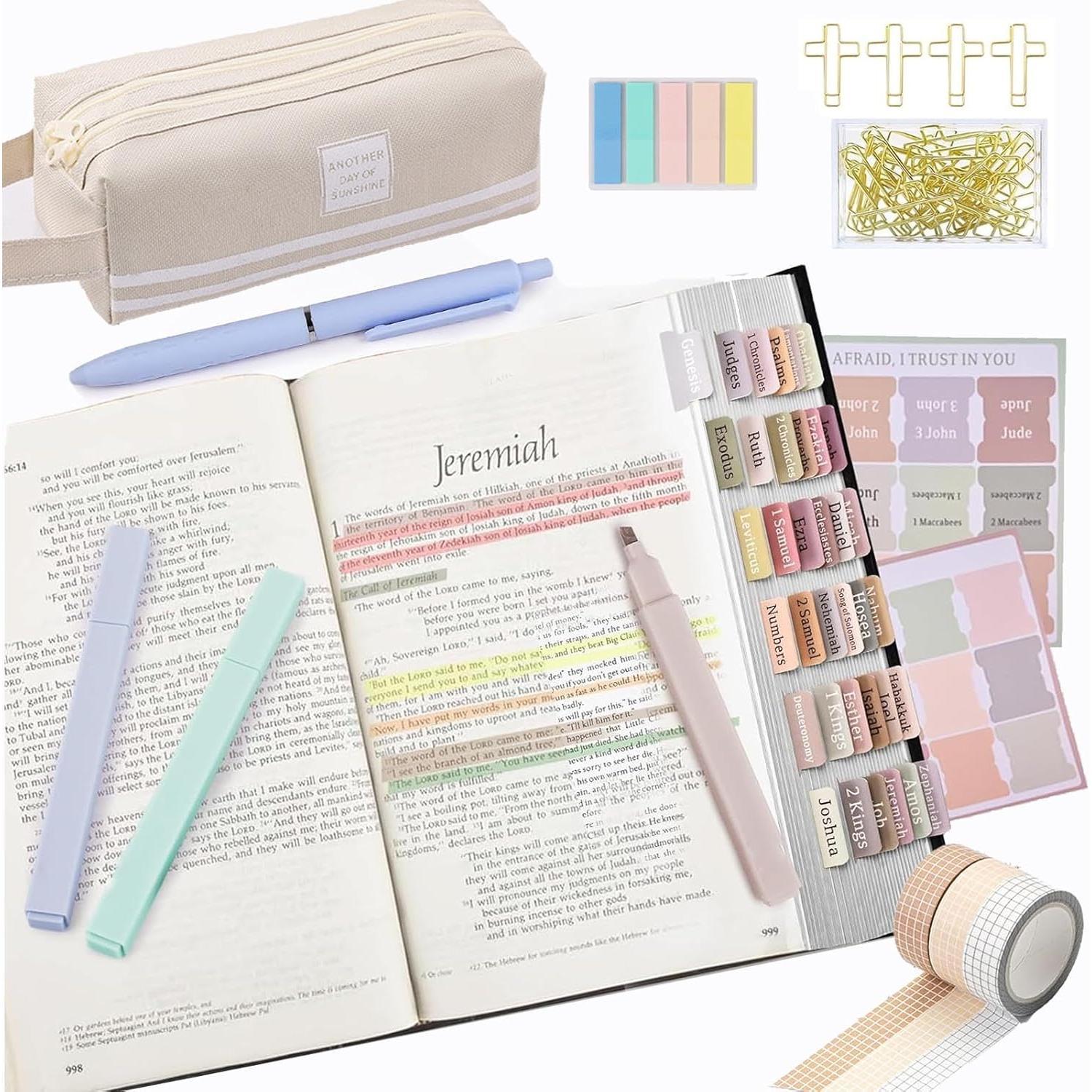 Study Kit- Journaling Supplies with Highlighters,Gel Pens,Tapes,Sticky Notes,Paper Clips,Pencil Pouch,Tabs  Annotation Kit for , ible Study Supplies, Essentials Set for Women
