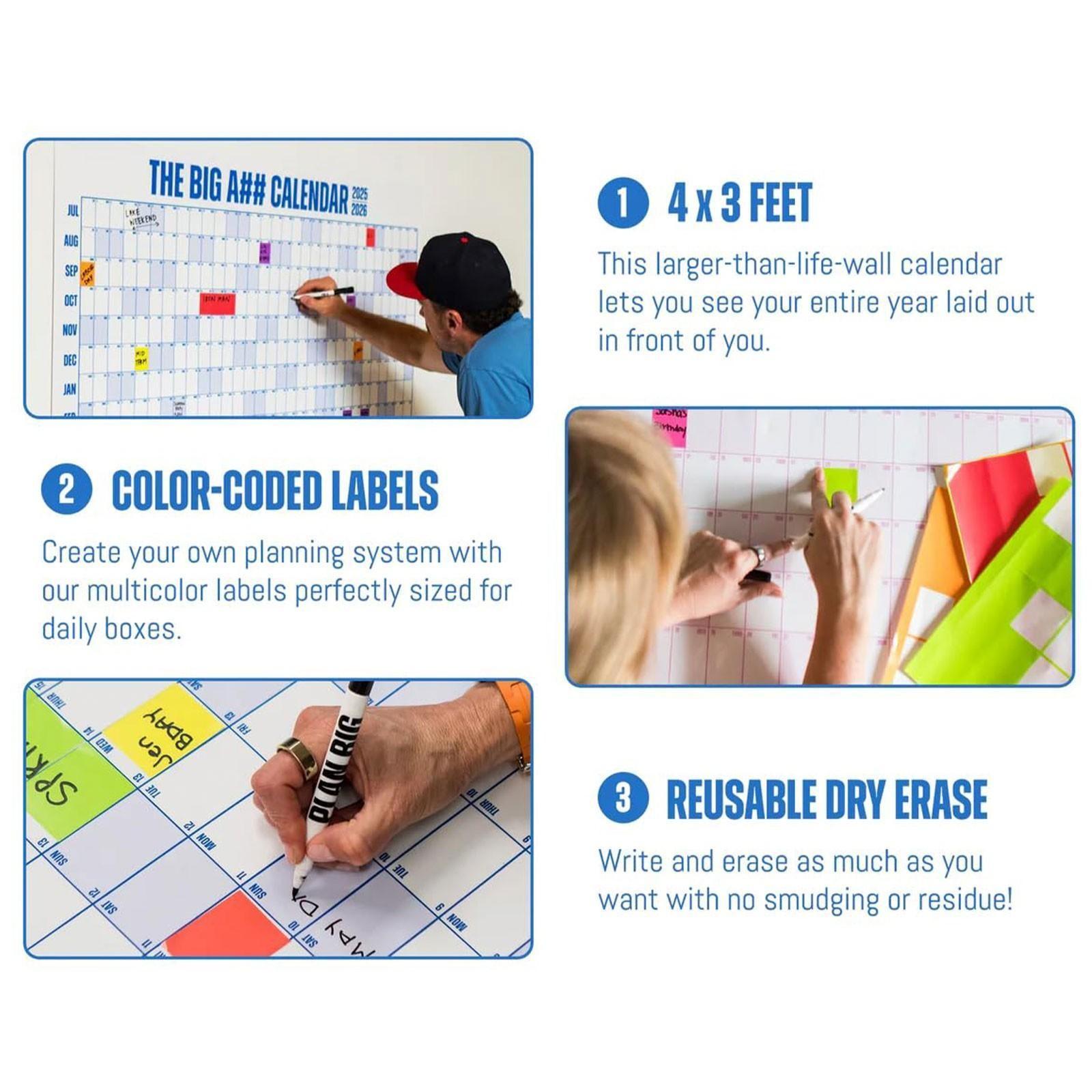 2026 Dry-Erase Wall Calendar, Includes 100 Sticky Notes in 5 Colors & 2 Pens, Oversized Annual Planner for Home, Office, School