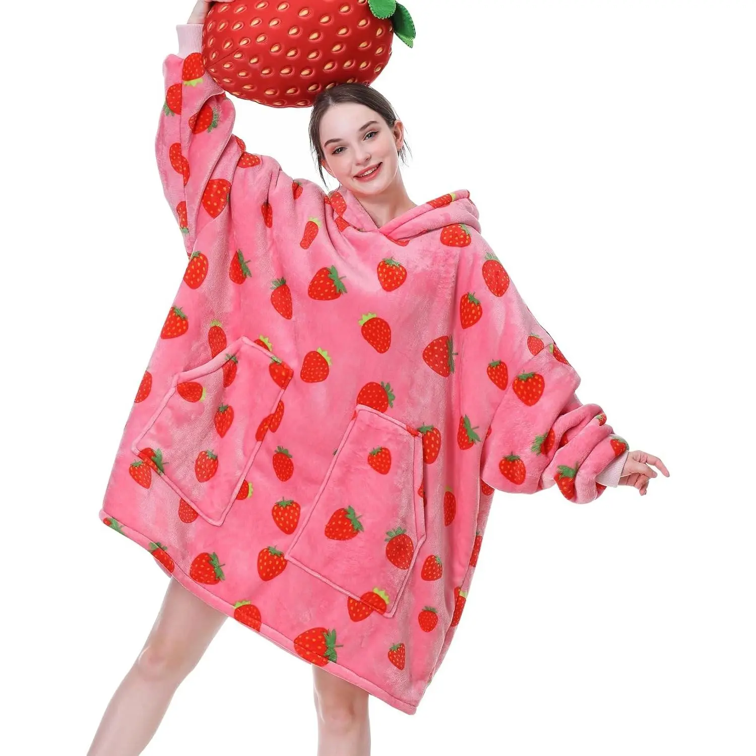 Women's Strawberry Wearable Blanket Hoodie - Cozy Oversized Hooded Sweatshirt Blanket with Sleeves and Pockets, Warm Soft Flannel Sherpa, Cute Birthday Gifts for AdultsGift